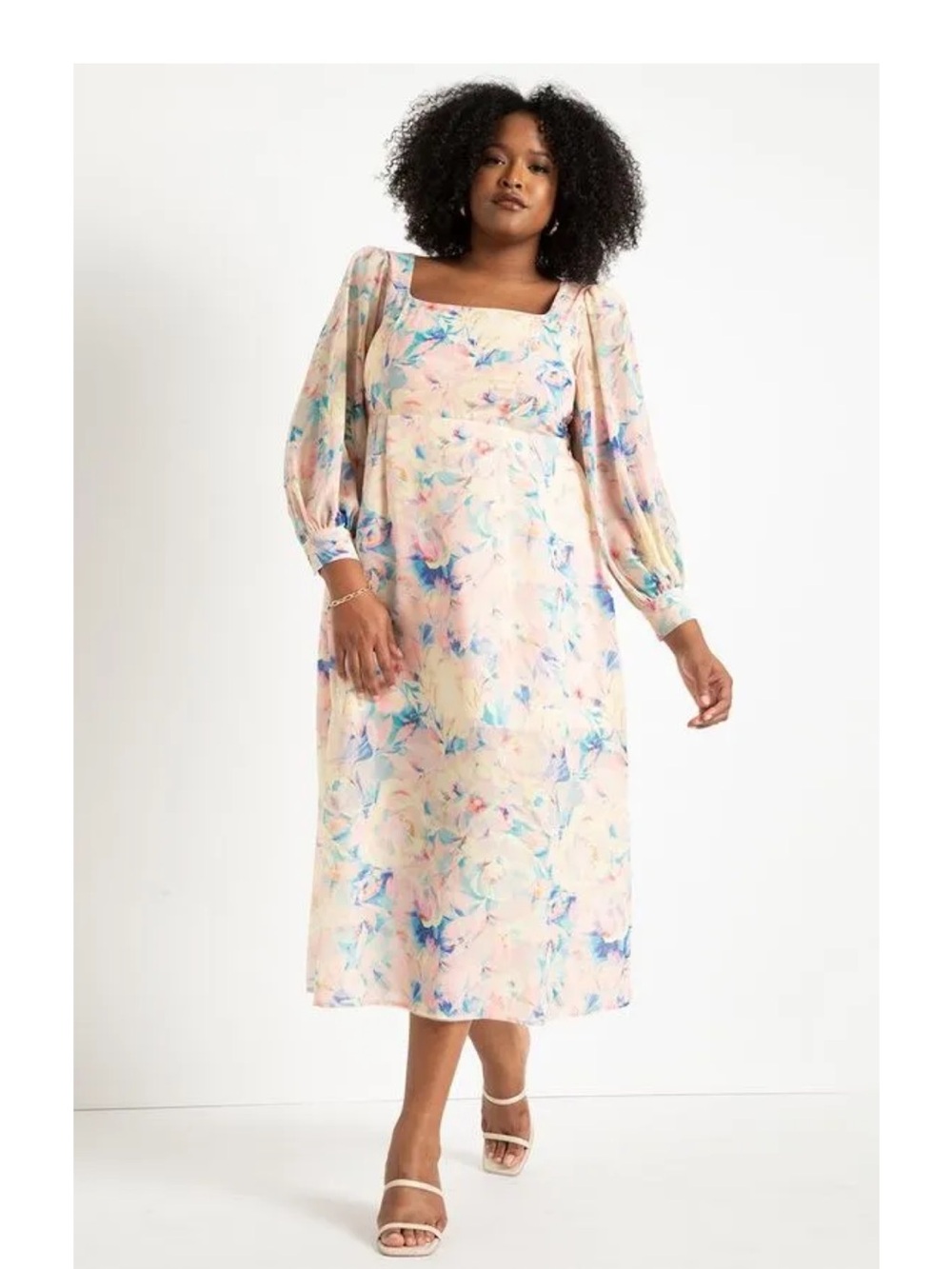 ELOQUII Women’s Pastel Floral Square-Neck Midi Dress